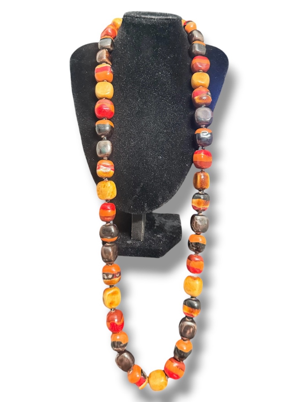 Vintage Heavy Art Glass Beaded Necklace Red Orange Black Statement 171g